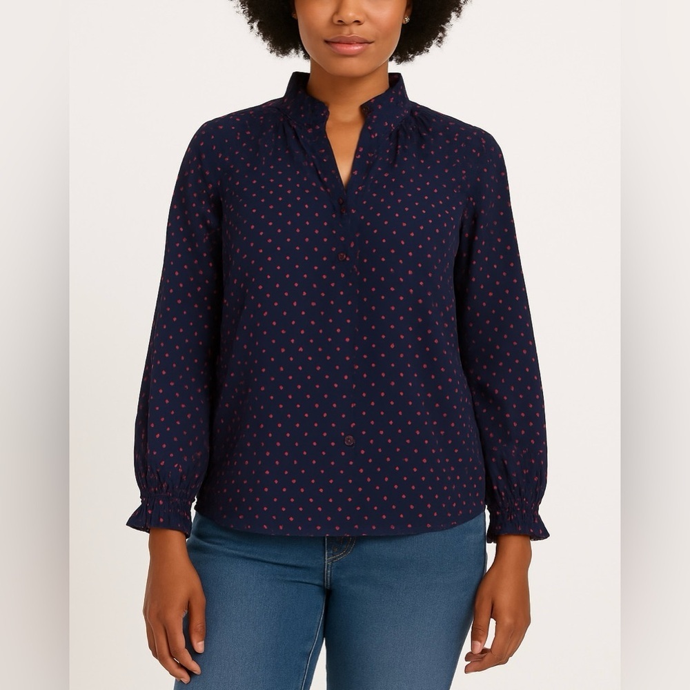 J.Crew Navy Ruffle Collar Polka Dot Blouse Size 4